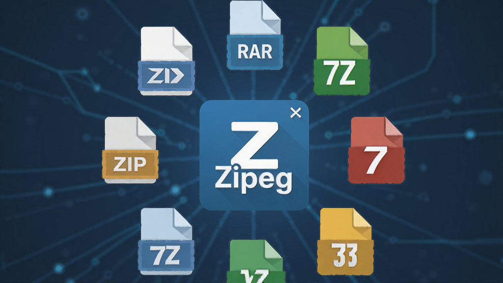 Zipeg 软件功能展示图,画面主体为多个压缩包格式图标环绕在 Zipeg 软件图标周围,布局采用圆形放射状排列,风格为科技感扁平插画,细节包括 ZIP、RAR、7Z 等文字标签和彩色文件图标,画质高清,干净,无多余元素