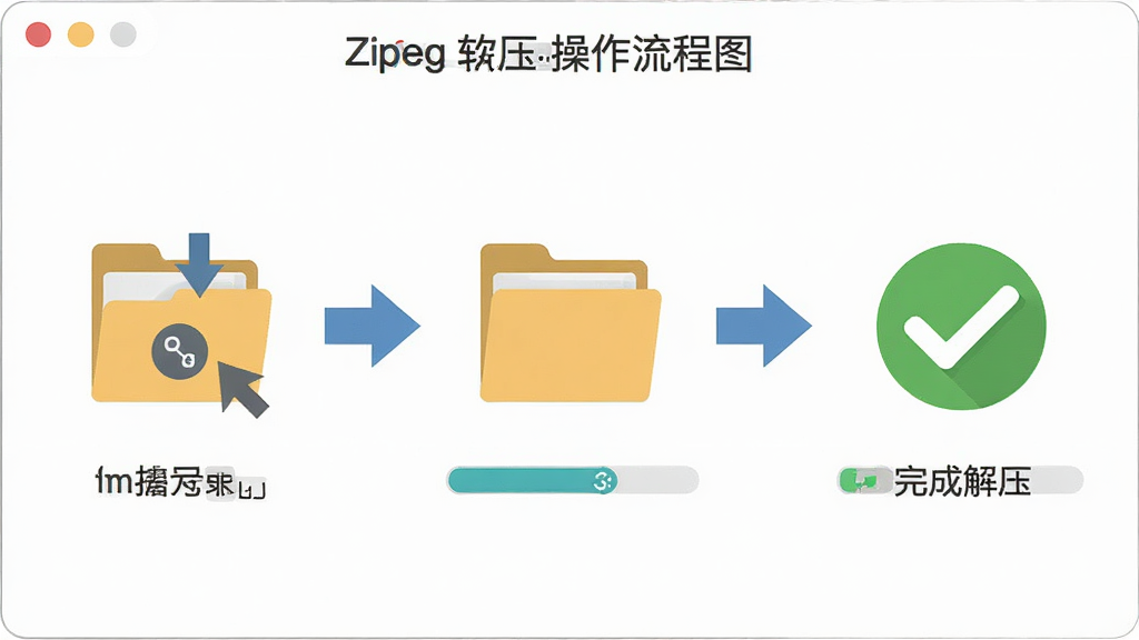 Zipeg 软件解压操作流程图,画面展示从拖入压缩包到选择目录再到完成解压的三个步骤,布局为横向流程图,风格为扁平化信息图,细节包括箭头、文件夹图标、进度条和完成打勾标记,画质高清,干净,无多余元素
