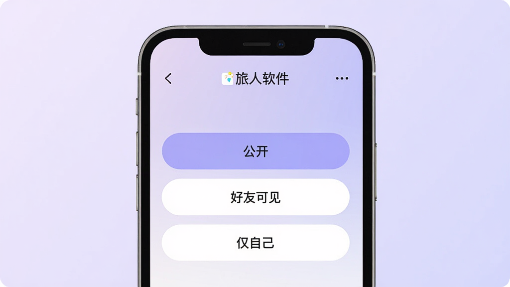 隐私分享设置界面示意图,画面展示一部手机屏幕中旅人软件的分享权限选择页面,页面上有“公开”“好友可见”“仅自己”三个选项按钮,背景为柔和的浅紫色渐变,整体风格简洁清爽,高清画质,画面干净无杂物,屏幕中可见“旅人软件”标识