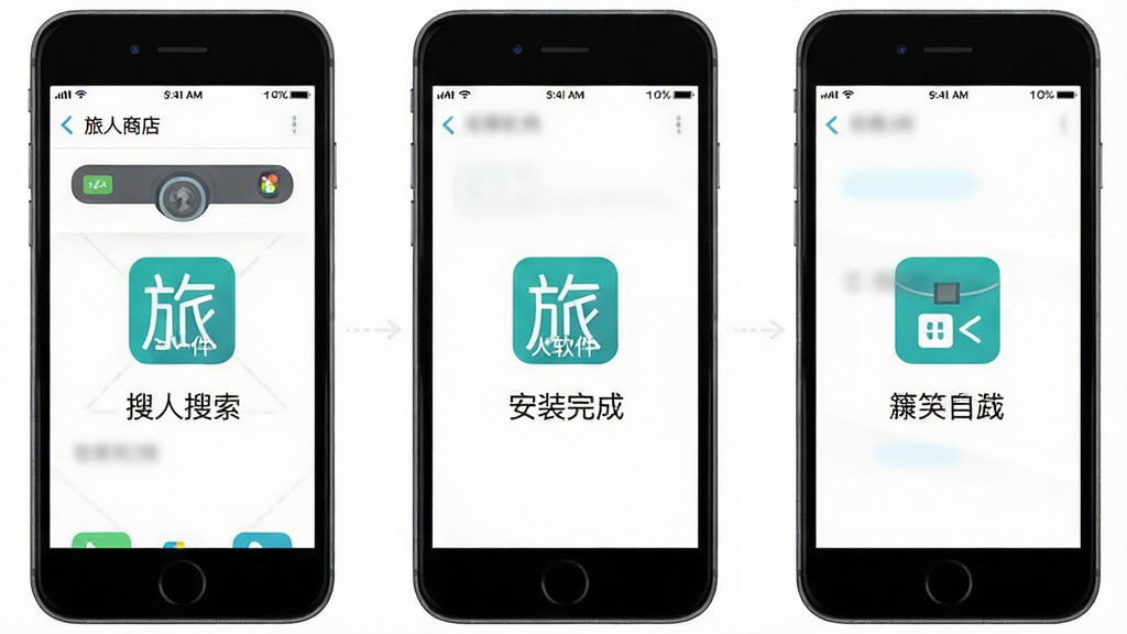 旅人软件安装设置操作流程图,画面以手机屏幕截图形式展示从应用商店搜索到安装完成的五个步骤,每个步骤配以简洁图标与文字说明,背景为白色,整体排版清晰有序,采用扁平化设计风格,高清画质,画面干净整洁,屏幕中可见“旅人软件”名称