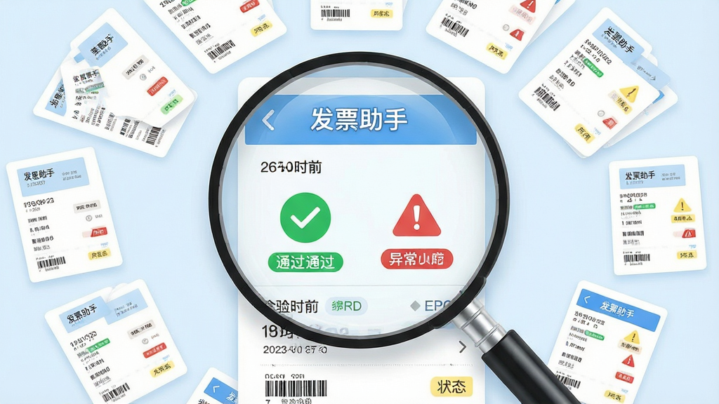 一张展示发票查验功能的AI生图,画面中央是一个放大镜悬停在发票卡片上方,放大镜内显示