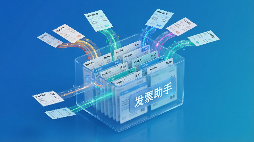 一张展示发票归集功能的AI生图,画面主体是一个悬浮在空中的半透明数据收纳盒,盒子上标注