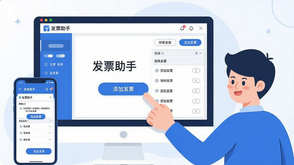 一张展示发票助手新手操作指南的AI生图,画面主体是一台电脑屏幕显示