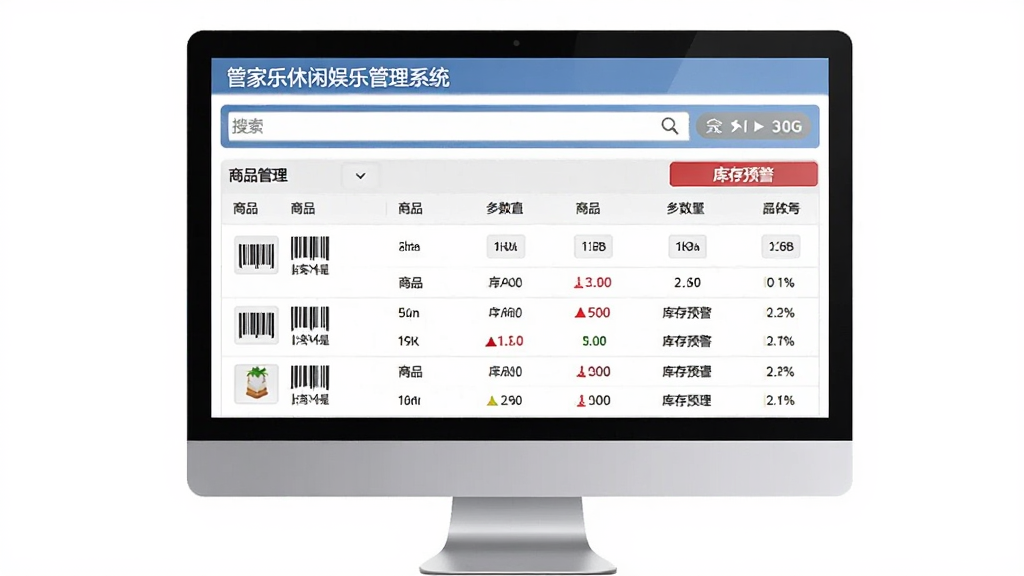管家乐休闲娱乐管理系统商品库存管理页面,主体为电脑屏幕展示商品列表和库存预警提示,布局上方搜索栏下方数据表格,排版规范有序,风格简洁实用,细节包含条形码图标、库存数量红色预警标记,画质清晰,干净,无多余元素