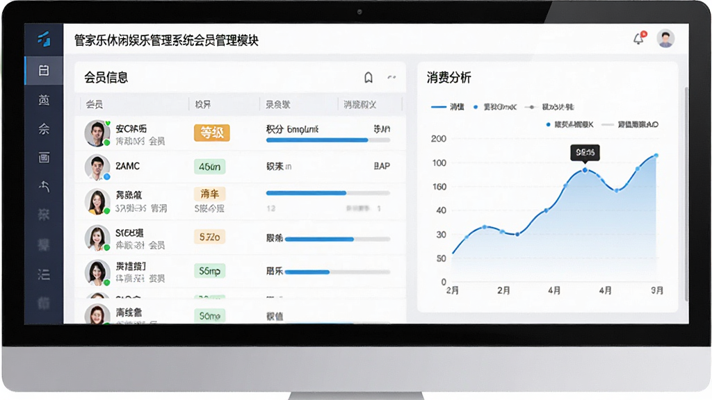 管家乐休闲娱乐管理系统会员管理模块,主体为电脑屏幕展示会员信息表格和储值曲线图,布局左侧会员列表右侧消费分析图表,排版专业整洁,风格数据可视化,细节包含会员头像、等级标签、积分进度条,画质清晰,干净,无多余元素