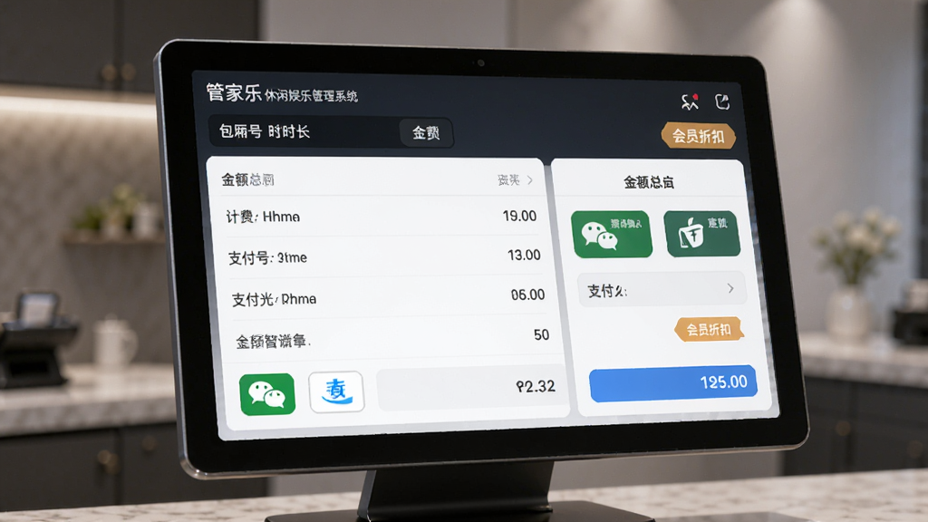 管家乐休闲娱乐管理系统智能收银界面,主体为收银台电脑屏幕显示计费清单和支付方式选择,布局上方为包厢号与时长下方为金额汇总,排版清晰规整,风格现代科技感,细节包含微信支付宝图标、会员折扣标签,画质清晰,干净,无多余元素