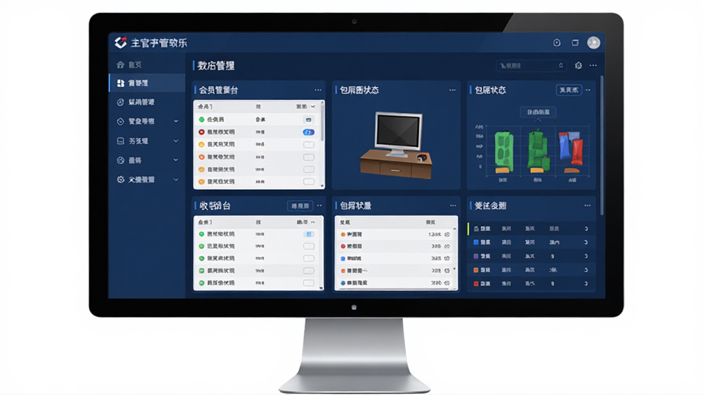 管家乐休闲娱乐管理系统软件主界面展示,主体为电脑屏幕中运行的深蓝色管理软件窗口,布局左侧功能导航栏右侧数据看板,排版居中对称,风格简洁商务,细节包含会员列表、收银台、包厢状态图等模块,画质清晰,干净,无多余元素