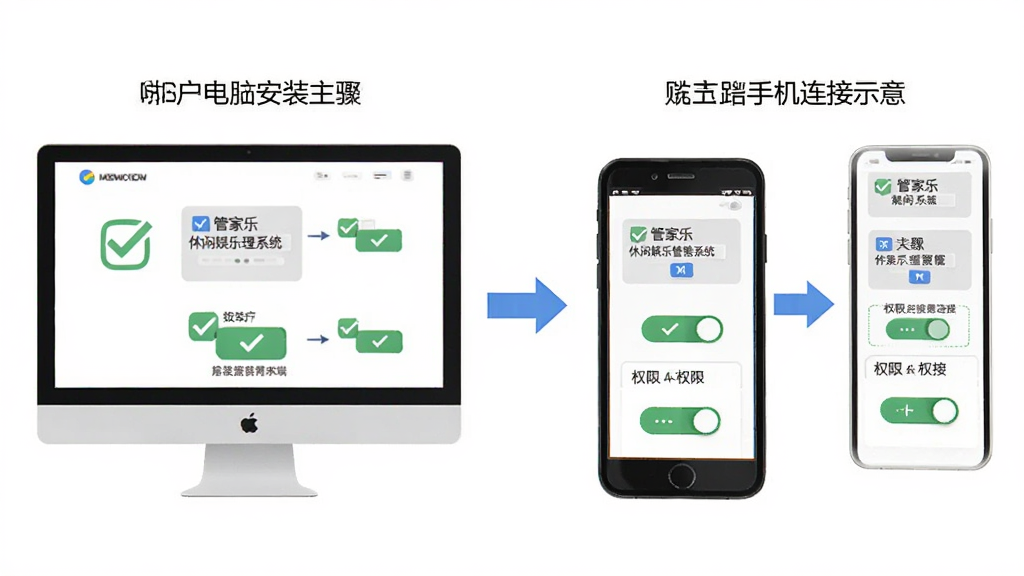 管家乐休闲娱乐管理系统安装配置流程图,主体为电脑和手机双端界面并列展示,布局左侧电脑安装步骤右侧手机连接示意,排版流程化引导,风格扁平化信息图,细节包含勾选图标、箭头指向、权限开关示意,画质清晰,干净,无多余元素