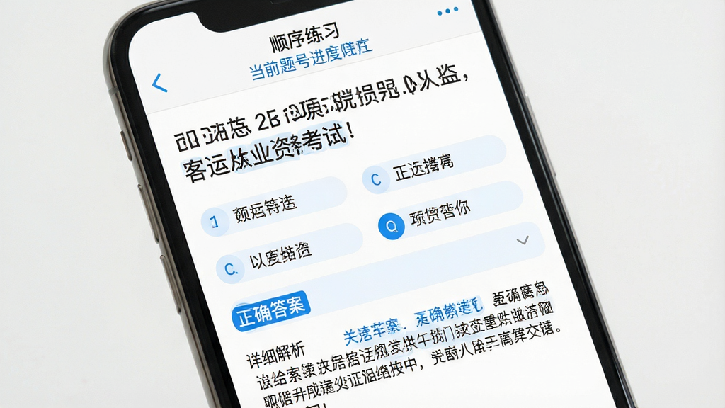 一张展示“客运从业资格考试”题库练习界面的预览图,画面中手机屏幕显示一道客运从业资格证考试选择题,题干清晰,下方有四个选项,选项下方显示正确答案和详细解析文字,屏幕顶部显示“顺序练习”字样和当前题号进度,整体风格简洁明亮,采用白色背景和蓝色高亮标注,画质清晰,无多余装饰元素