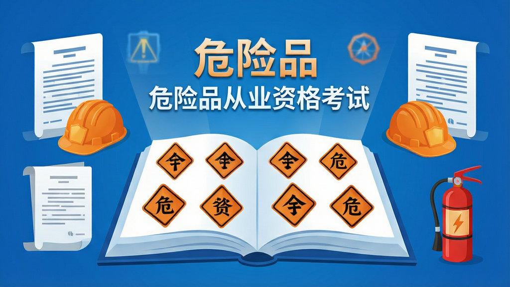 画面中央展示一本翻开的电子题库,书页上漂浮着“危险品从业资格考试”字样和各类危险品标志图标,周围环绕法律条文、安全帽、灭火器等元素,布局对称,风格为现代教育插画,色彩以蓝橙搭配为主,细节丰富,画质清晰,干净无多余元素