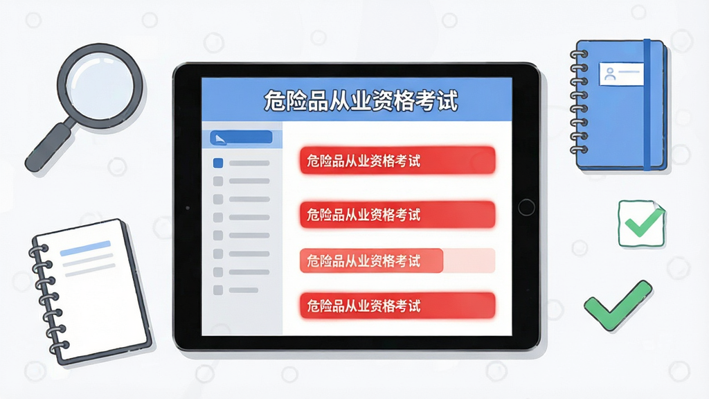 画面中央显示一个平板电脑,屏幕上呈现“危险品从业资格考试”错题本界面,红色错题标记醒目,周围有放大镜、笔记本、对勾等学习元素,布局采用左右分栏,风格为清爽学习类UI插画,色调以白灰蓝为主,细节干净,画质清晰,无多余元素
