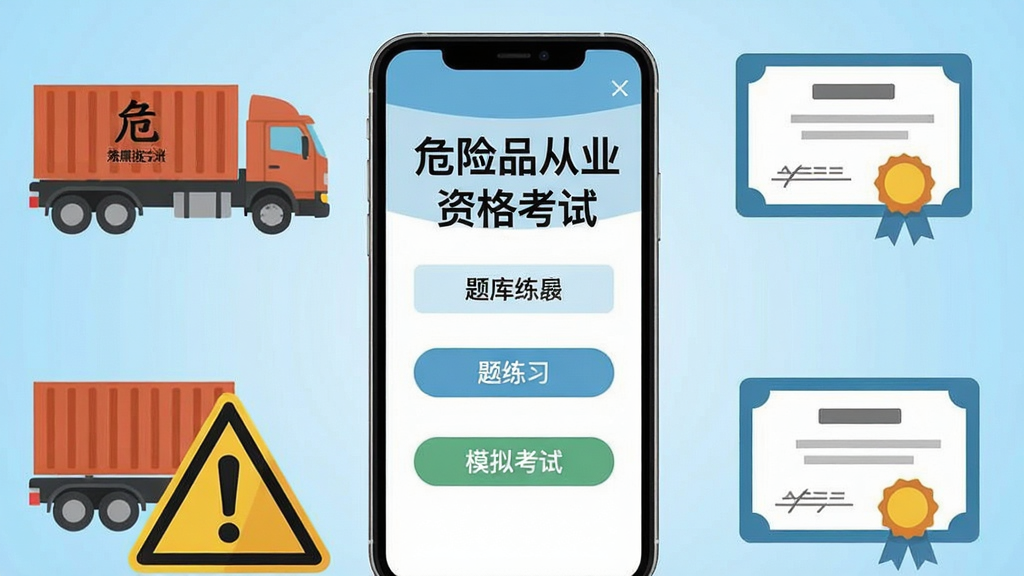 画面中央放置一部智能手机,手机屏幕显示“危险品从业资格考试”应用界面,界面内有题库练习和模拟考试按钮,手机周围环绕危险品运输车辆、警示标志、证书图标等元素,背景为浅蓝色渐变,整体采用扁平化教育科技风格,排版简洁居中,画质清晰,干净无多余元素