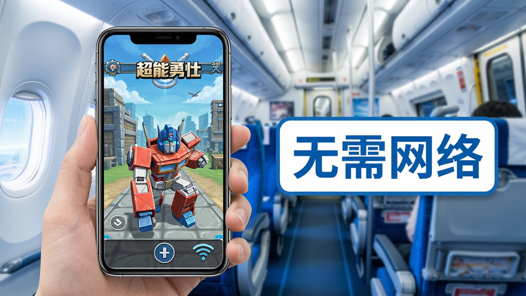 一张展示超能勇士大闯关离线游玩功能的宣传图,画面中手机屏幕显示游戏画面,背景是飞机客舱或地铁车厢,手机旁边有“无需网络”的文字标识,风格简洁明快,色彩以蓝白为主,画质清晰,无多余装饰