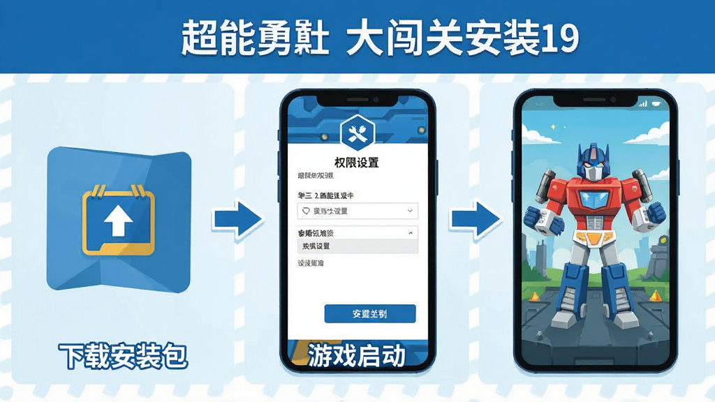 一张展示超能勇士大闯关安装步骤的示意图,画面分为三个步骤,第一步显示下载安装包,第二步显示权限设置界面,第三步显示游戏启动画面,风格为扁平化教程图示,色彩以蓝色和白色为主,画质清晰,布局整洁,无多余元素