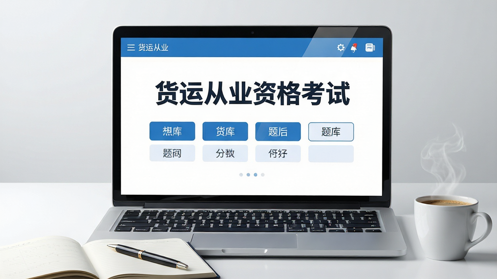 画面主体是一台打开的笔记本电脑,屏幕上显示着货运从业资格考试软件的主界面,界面中央有醒目的“货运从业资格考试”标题和题库分类按钮,背景是简洁的蓝白配色。布局采用居中构图,电脑前方摆放着一本翻开的笔记本和一支笔,旁边有一杯冒着热气的咖啡。排版清晰明了,风格为现代商务学习风,细节上屏幕反光自然,键盘按键立体感强。画质为高清4K,画面干净,无多余元素,屏幕上文字清晰可辨。