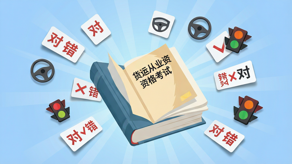 画面主体是一本厚厚的题库书籍悬浮在中央,书页自动翻开,从中飞出许多带有“对”“错”符号的答题卡、方向盘图标和红绿灯图案。布局采用放射状发散构图,背景是柔和的渐变蓝色。排版上书籍位于正中,元素向四周扩散。风格为扁平化插画风,细节上答题卡边缘有细微阴影,图标色彩鲜明。画质为高清,画面干净,无多余元素,书籍封面上有“货运从业资格考试”字样。