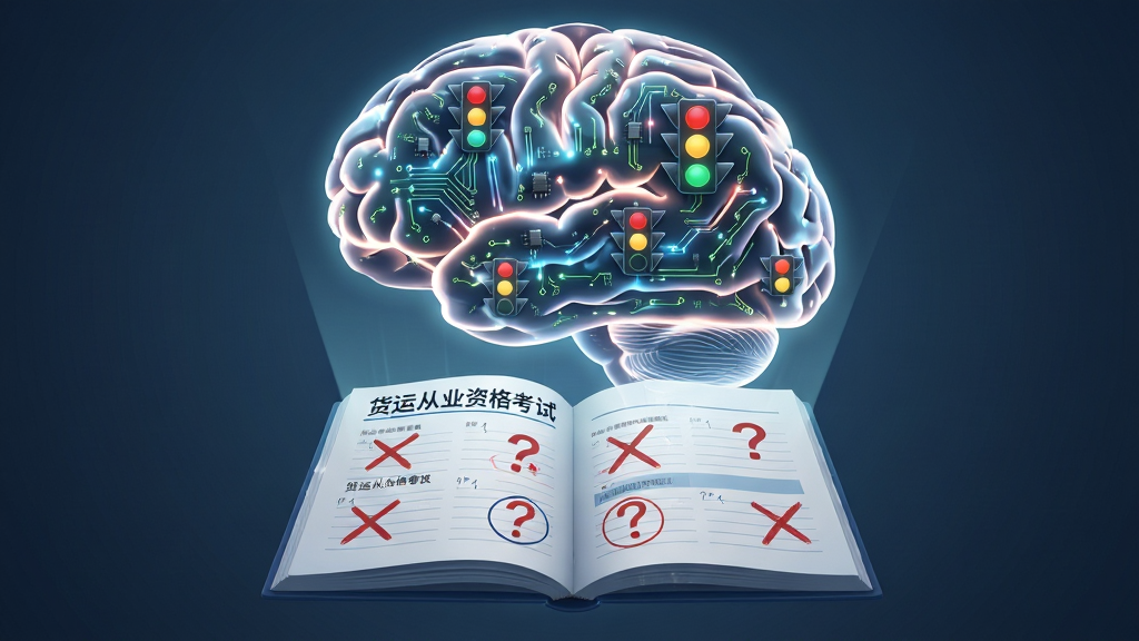 画面主体是一个发光的虚拟大脑,大脑内部呈现出电路板纹理和交通信号灯图标,大脑前方悬浮着一本打开的错题本,错题本上标记着红色的叉号和问号。布局采用中心对称构图,大脑位于上方,错题本位于下方。排版上元素层次分明。风格为科技感数字艺术风,细节上电路纹理清晰,发光效果柔和。画质为高清,画面干净,无多余元素,错题本封面上有“货运从业资格考试”字样。