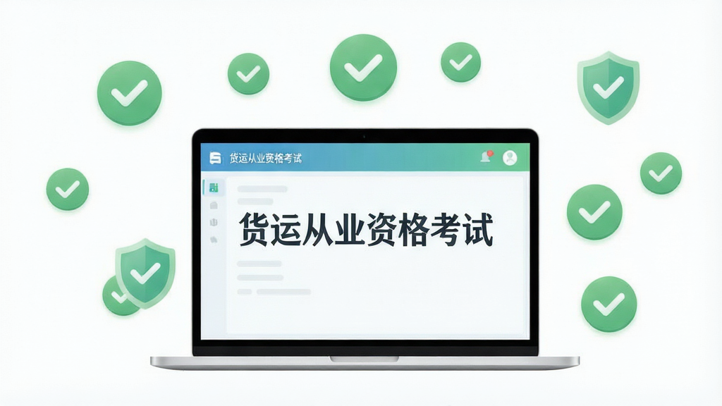画面主体是一台轻薄的笔记本电脑,屏幕显示货运从业资格考试软件界面,界面简洁无广告,周围环绕着绿色的对勾图标和盾牌图标,象征安全纯净。布局采用电脑居中,图标环绕四周的构图。排版上图标大小错落有致。风格为简约清新风,细节上屏幕色彩柔和,图标线条圆润。画质为高清,画面干净,无多余元素,屏幕上有“货运从业资格考试”字样。