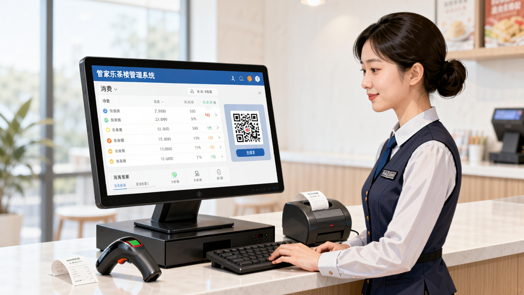 AI��ͼ��һλ�����Ʒ���ǰ̨����Ա����ʹ�á��ܼ��ֲ�¥����ϵͳ���ĵ��Խ���Ϊ�˿ͽ��ˣ���Ļ��������ʾ��������ϸ��֧����ά�룬����̨�ɾ����࣬�Ա���ɨ��ǹ��СƱ��ӡ���������������������Ϊдʵ��ҵ�廭����������������ɾ����޶���Ԫ�ء�