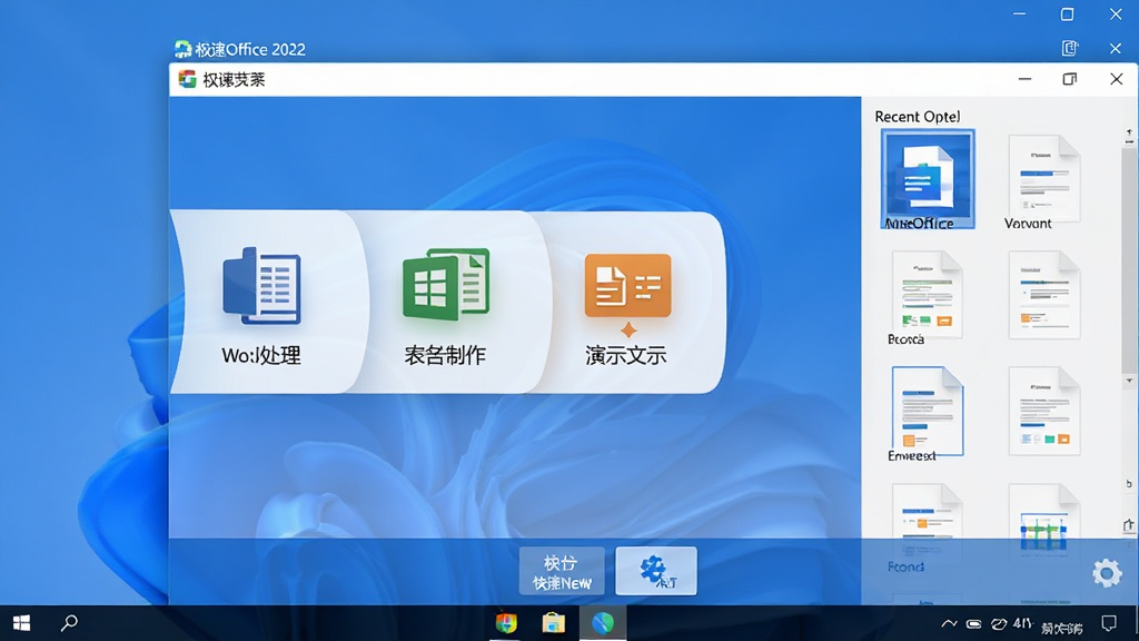 极速Office 2022 软件主界面全景展示,画面中央是简洁现代的办公套件启动窗口,左侧排列文字处理、表格制作、演示文稿三大功能模块图标,右侧是最近打开的文档缩略图列表,整体配色以蓝白为主,干净清爽,UI 风格扁平化设计,屏幕下方显示快速新建按钮,画质清晰,干净,无多余元素