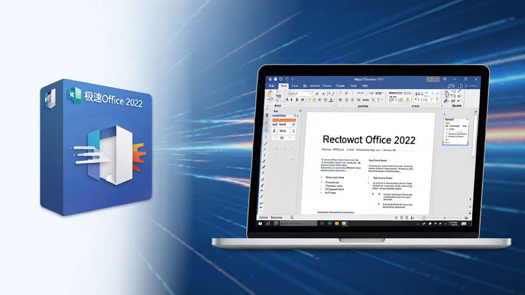 极速Office 2022 轻量高效特性展示,画面左侧是一个小巧的软件安装包图标,右侧是一台正在流畅运行文档的笔记本电脑,屏幕中显示极速Office 2022 文字处理界面,背景有速度感线条装饰,体现快速启动的特点,风格简洁商务,画质清晰,干净,无多余元素
