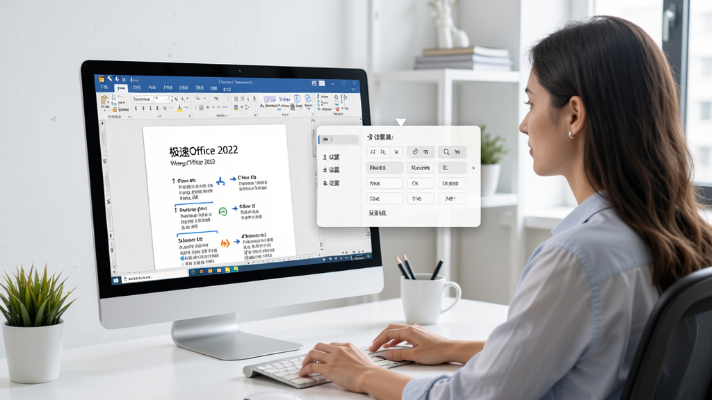 极速Office 2022 使用教程场景图,画面中一位用户坐在电脑前操作极速Office 2022 软件,屏幕上显示文档编辑界面,旁边有悬浮的操作提示框展示快捷键和设置选项,桌面整洁,风格现代办公,画质清晰,干净,无多余元素