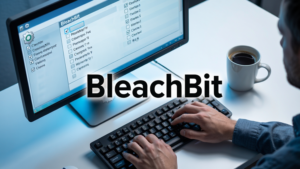 软件名称 BleachBit,主体为一位技术人员的双手在键盘上操作,屏幕上显示多个勾选框与文件清理列表,布局为俯视45度角构图,排版上画面中央突出