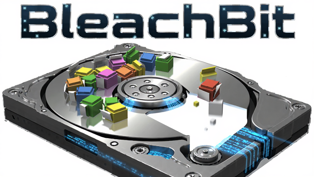 软件名称 BleachBit,主体为一个被清空的硬盘内部结构示意图,盘片上原本堆积的彩色文件方块正被清除,布局为剖面透视构图,排版上软件名称