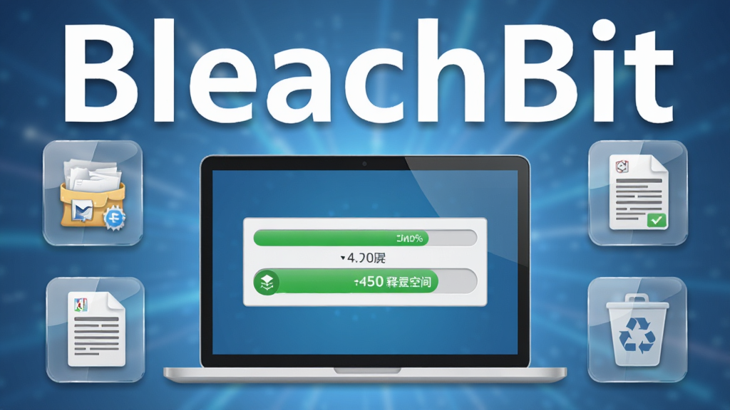 软件名称 BleachBit,主体为一台打开的笔记本电脑屏幕显示磁盘清理进度条与绿色释放空间数值,布局采用居中构图,屏幕周围环绕浏览器缓存图标、系统日志文件图标、回收站图标等元素,排版上软件名称