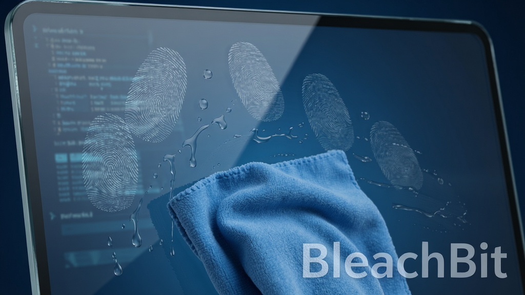 软件名称 BleachBit,主体为一块被擦拭干净的透明玻璃屏幕,屏幕上残留的指纹、水渍正被一块蓝色抹布擦去,布局为特写构图,排版上软件名称