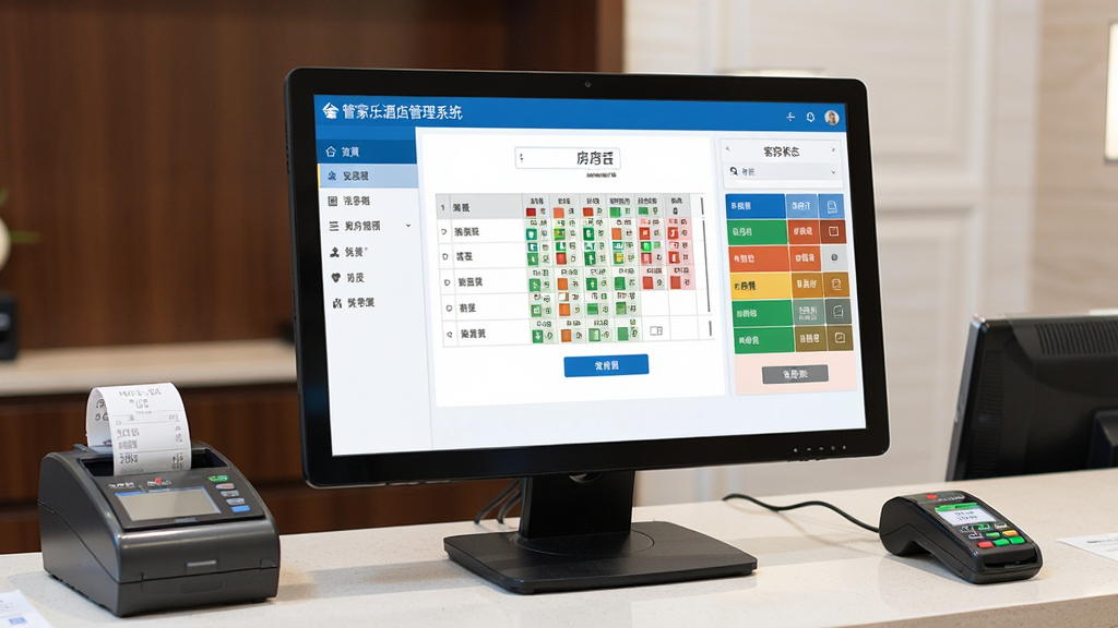 一张酒店前台电脑屏幕显示管家乐酒店管理系统主界面的图片,画面中央是系统登录后的房态图网格,左侧为功能导航栏,右侧为客房状态色块分布,整体布局清晰,采用简洁商务风格,蓝色与白色为主色调,屏幕旁摆放着一台收银小票打印机和房卡读卡器,背景是整洁的酒店前台桌面,画质清晰干净,无多余元素