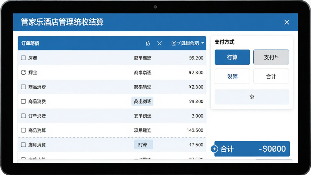 一张管家乐酒店管理系统收银结算界面的图片,画面显示订单明细列表,包含房费、押金、商品消费等条目,右侧为支付方式选择区域,下方显示合计金额,界面风格简洁商务,蓝色与白色搭配,画质清晰干净,无多余元素