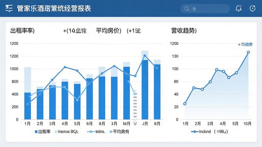 一张管家乐酒店管理系统经营报表界面的图片,画面展示柱状图与折线图组合的数据看板,包含出租率、平均房价、营收趋势等指标,界面风格简洁商务,蓝色数据可视化元素,画质清晰干净,无多余元素