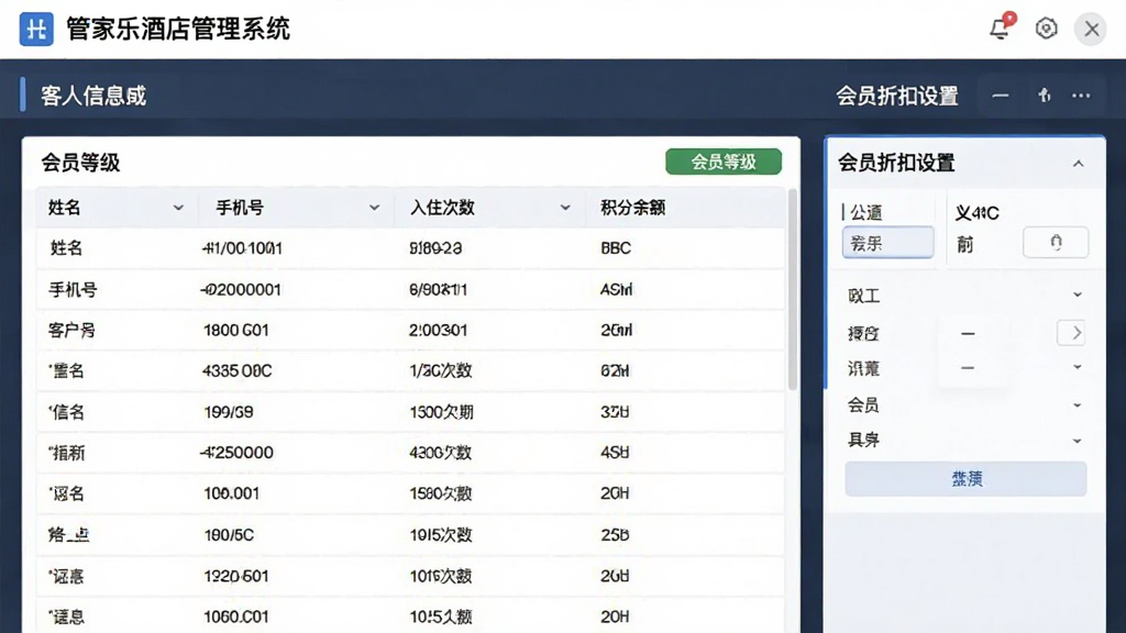 一张管家乐酒店管理系统客户档案与会员管理界面的图片,画面展示客人信息列表与会员等级标签,包含姓名、手机号、入住次数、积分余额等字段,右侧有会员折扣设置面板,整体布局清晰,风格简洁商务,画质干净无多余元素