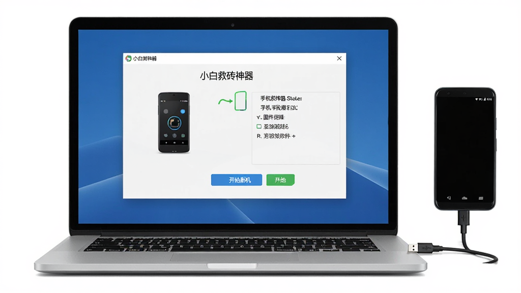 一张展示小白救砖神器软件界面的图片,主体是一台笔记本电脑屏幕显示出小白救砖神器的操作窗口,窗口内有手机连接状态、固件选择、开始刷机等按钮,布局居中清晰,排版简洁,风格为科技感UI界面,细节包括USB线连接一部安卓手机,画质高清,干净,无多余元素