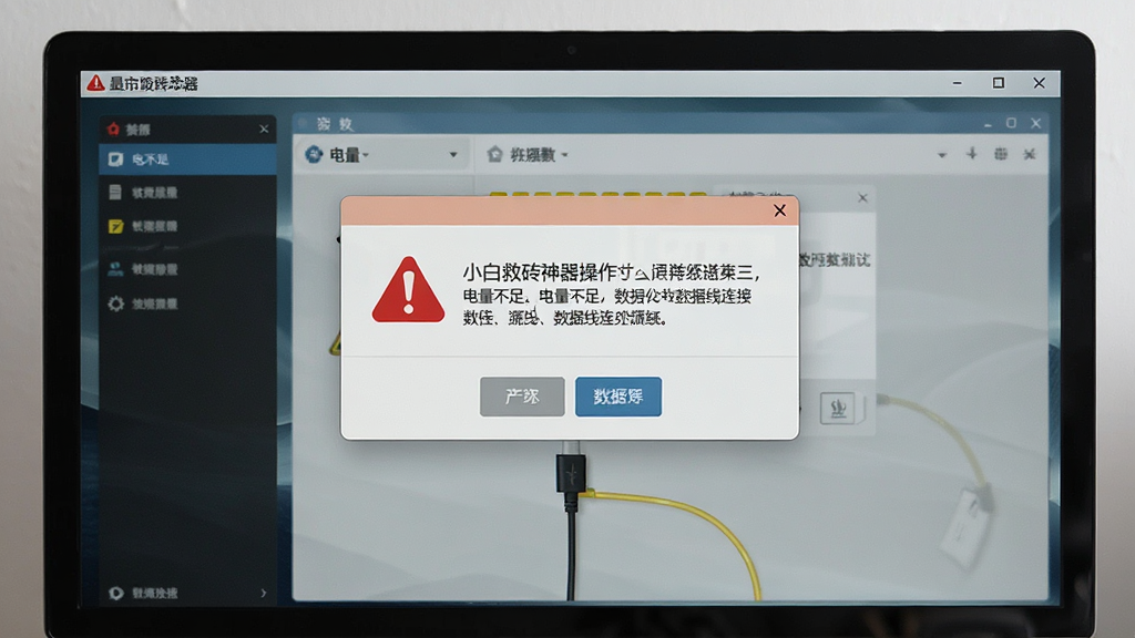 一张展示小白救砖神器操作注意事项的图片,主体是电脑屏幕上软件提示电量不足和数据线连接的警告弹窗,布局为居中弹窗,排版简洁,风格为警示风格,细节有红色感叹号图标,画质清晰,干净,无多余元素