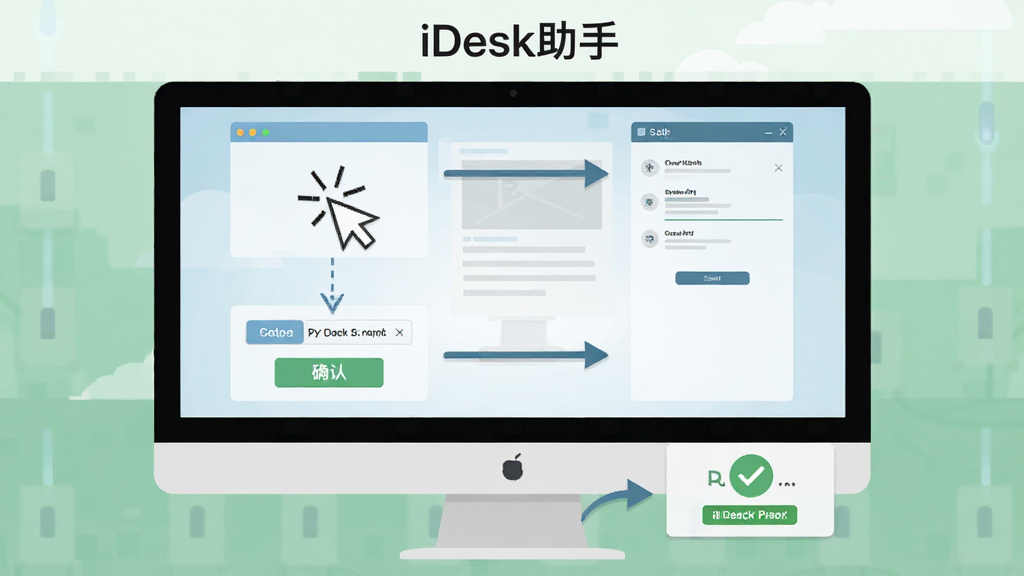iDesk�������ֲ�������ͼ������Ϊ������Ļ�ϵķֲ�����ָ��������Ϊ���ϵ����ĸ����裬�Ű�����ֱ�ۣ����Ϊ��ƽ����Ϣͼ��ϸ�ڰ��������ͼ�ꡢ������塢ȷ�ϰ�ť���ɹ���ʾ�����ʸɾ����࣬�޶���Ԫ�أ������б�ע����