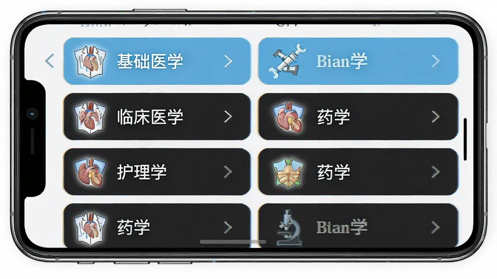 医学英语背单词软件词库分类界面截图风格,画面展示手机屏幕中医学英语背单词APP的词库选择页面,列表清晰展示基础医学、临床医学、护理学、药学等多个分类,每个分类配有对应的医学图标,背景干净整洁,色调以白色和浅蓝为主,排版整齐,画质高清,干净无多余元素