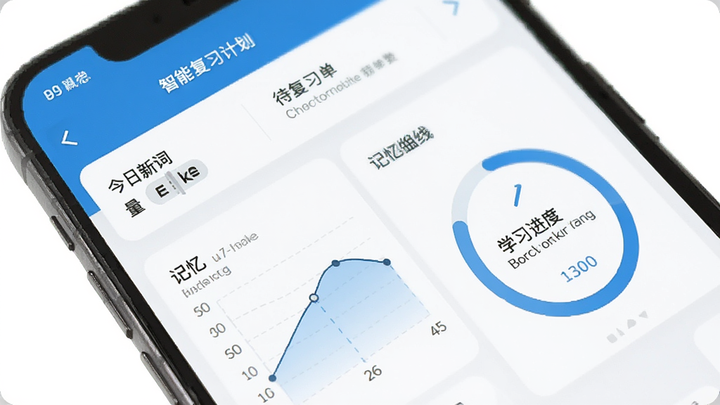 医学英语背单词软件智能复习计划界面,手机屏幕展示医学英语背单词APP的复习计划页面,包含今日新词数量、待复习单词数、记忆曲线图表和学习进度环形图,界面设计简洁现代,配色以蓝白为主,背景干净,画质高清,无多余元素