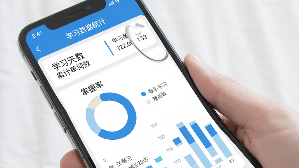 医学英语背单词软件学习数据统计页面,手机屏幕展示医学英语背单词APP的学习统计界面,包含学习天数、累计单词数、掌握率环形图、每日学习柱状图,界面设计清晰直观,配色以蓝色和白色为主,背景干净整洁,画质高清,无多余元素