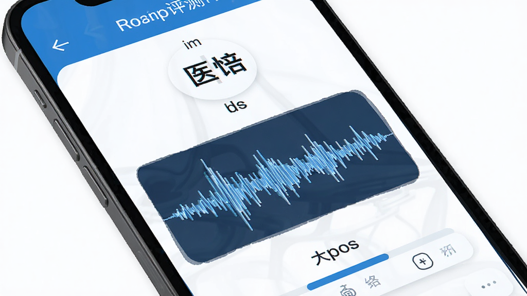 医学英语背单词软件发音评测功能界面,手机屏幕展示医学英语背单词APP的发音评测页面,包含单词、音标、波形图和评分结果,界面设计清爽,配色以蓝色和白色为主,背景干净,画质高清,无多余元素