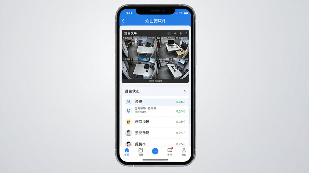 一张展示众业安软件主界面的手机截图,画面中央是应用首页,包含监控画面预览区、设备状态列表和底部导航栏,整体布局清晰,采用蓝白配色风格,界面干净整洁,手机边框圆润,背景为浅灰色渐变,画质高清,无多余元素