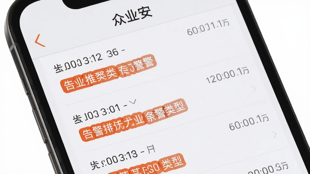 手机屏幕展示众业安消息通知界面,列表中显示多条告警推送记录,每条记录带有时间戳和告警类型标签,界面顶部有“众业安”名称,整体风格简洁,背景为浅色,文字清晰,画质干净,无多余元素