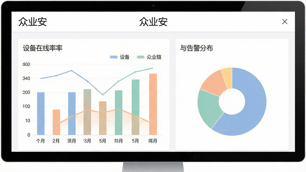 众业安数据统计页面截图,页面中包含柱状图和饼图展示设备在线率与告警分布,图表配色柔和,界面顶部显示“众业安”文字,背景为白色,布局清晰,画质高清,无多余元素