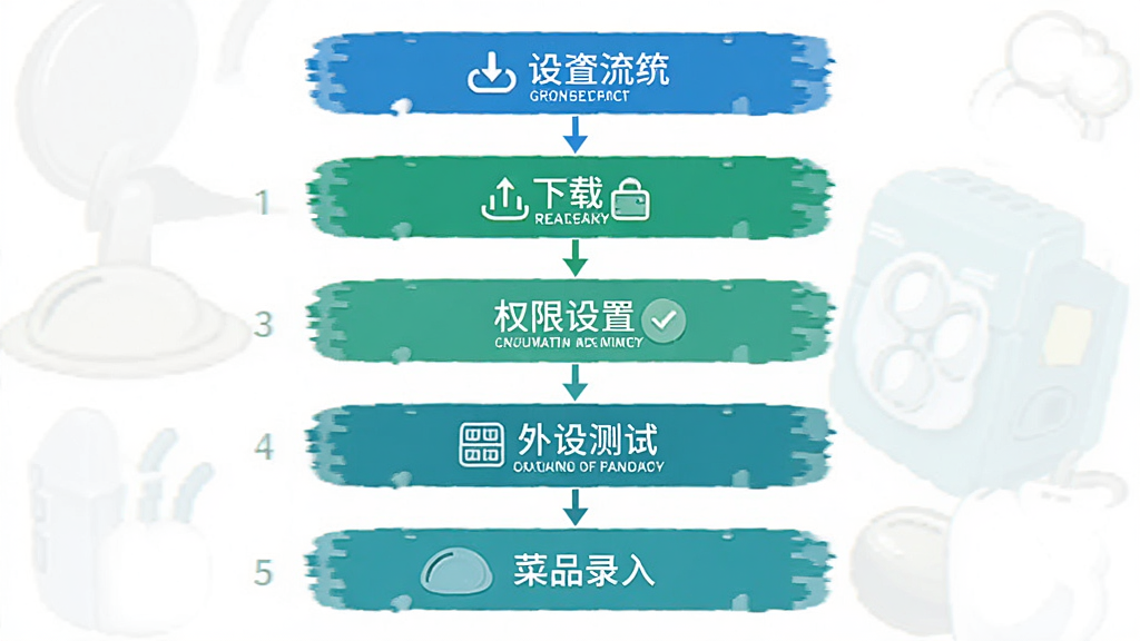 巨为餐饮连锁管理系统安装设置流程图,画面以信息图形式展示电脑端与移动端安装步骤,包含下载、安装、权限设置、外设测试、菜品录入五个环节,风格简洁扁平化,配色以蓝绿为主,排版从上到下依次排列,画质清晰,干净无多余元素