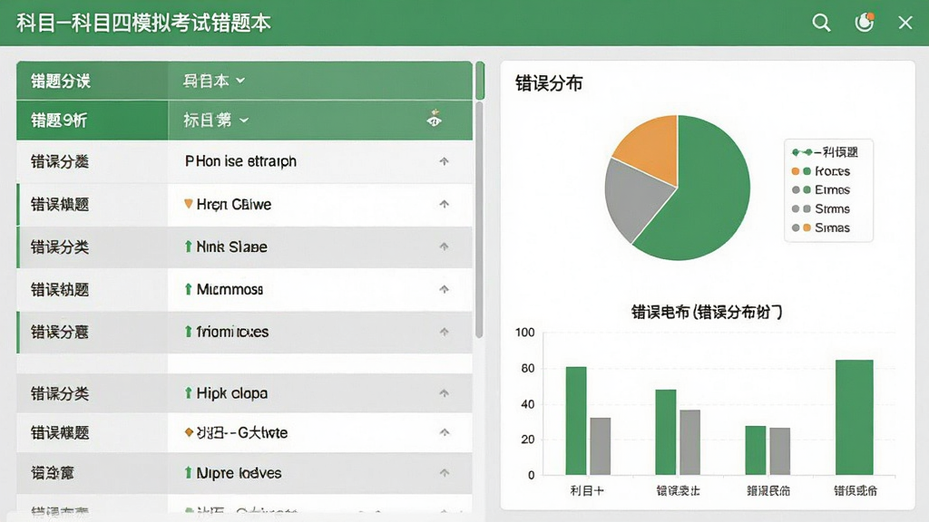 一张科目一科目四模拟考试的错题本界面截图,画面展示错题列表和统计分析图表,左侧是错题分类,右侧是饼状图和柱状图展示错误分布,界面配色以绿色和灰色为主,风格清新简洁,文字清晰,画质干净,无多余元素