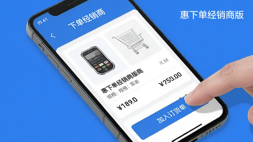 一部手机屏幕显示惠下单经销商版商品列表页面,画面中有清晰的商品缩略图、名称、规格和价格信息,手指正在点击加入订货单按钮。整体采用扁平化UI风格,蓝白配色,背景干净,画面中可适当出现惠下单经销商版字样,突出移动订货场景,画质清晰,无杂乱元素。