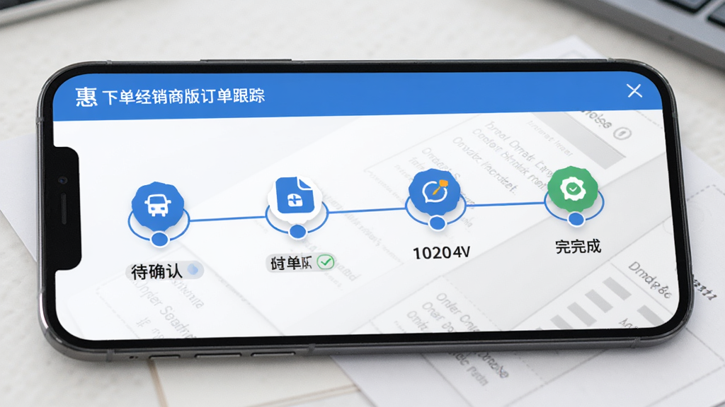 惠下单经销商版订单跟踪界面,手机屏幕展示订单状态时间轴,从待确认到已完成依次排列,每个节点有对应图标和文字说明。画面风格简洁商务,蓝白灰配色,背景有淡淡的订单单据纹理,突出实时跟踪主题,画质干净清晰。