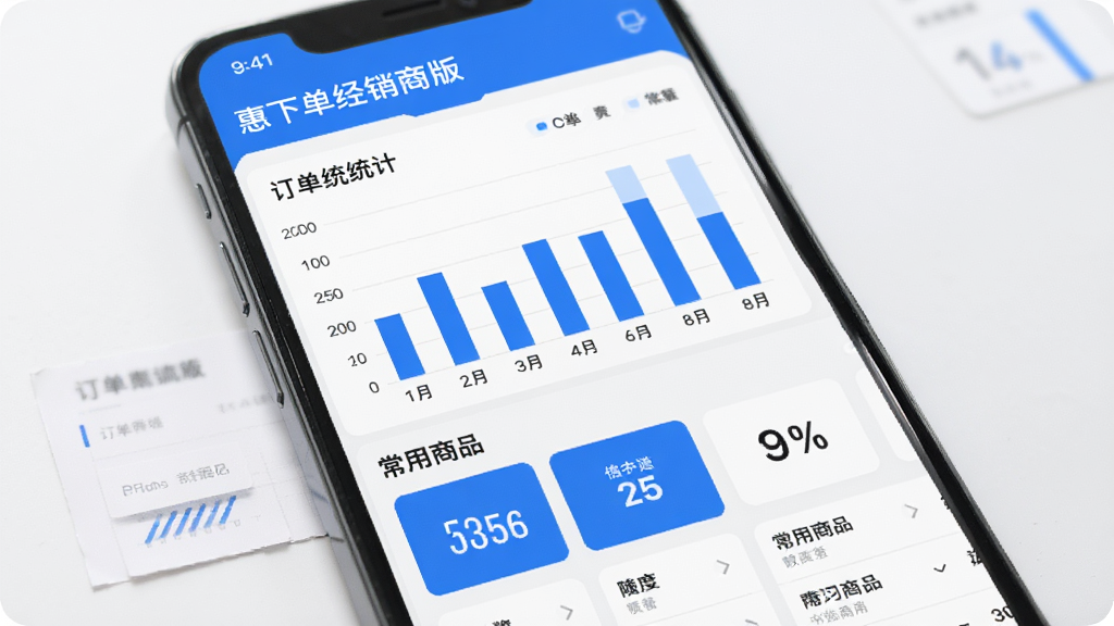 惠下单经销商版数据查看页面,手机屏幕显示订单统计图表和常用商品列表,画面中有柱状图和数字卡片。整体风格为简约商务风,蓝白配色,背景干净,突出数据随手可查的特点,画质清晰,无杂乱装饰。