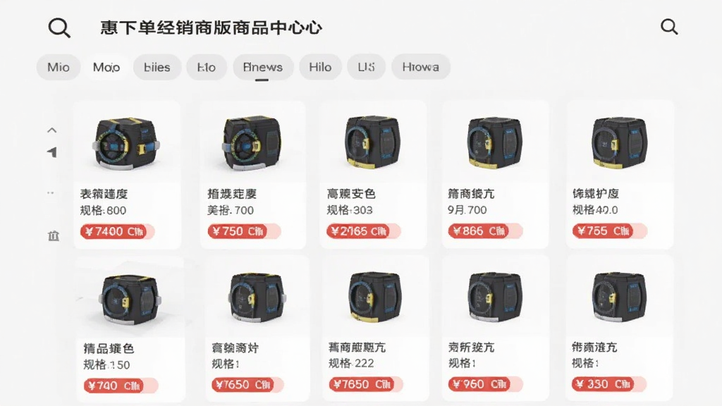 惠下单经销商版商品中心页面,手机屏幕呈现网格状商品陈列,每个商品卡片包含图片、名称、规格和价格标签。背景为浅色,画面中有放大镜搜索图标和分类标签栏,整体风格清爽规整,突出商品集中展示功能,画质清晰,无多余元素。